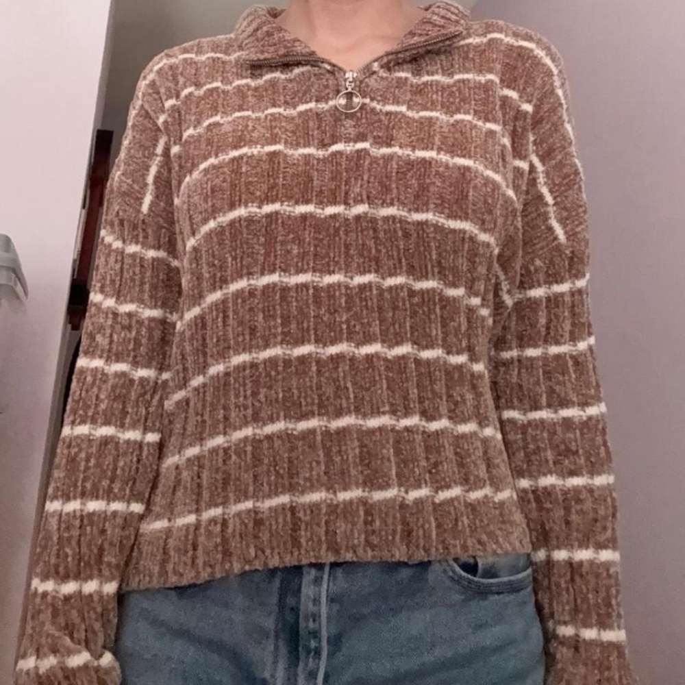 Hippie Rose Brown and Cream Striped Turtleneck Sweater